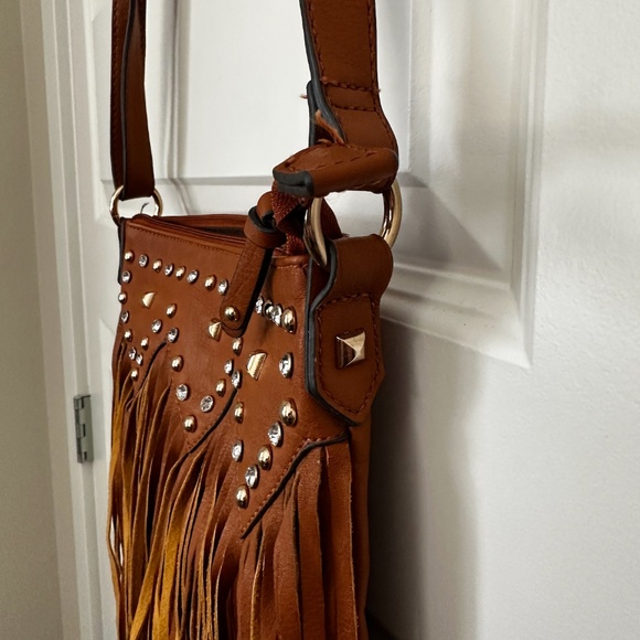 LaTique Crossbody Bag with Fringe and Rhinestones 9x9" - Picture 3 of 12